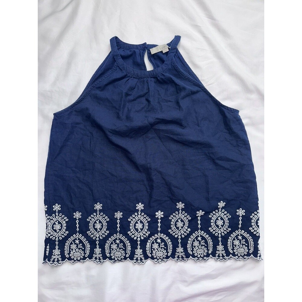 Loft Halter Top Womens Small Navy Blue White Sleeveless Daisy Eyelet Scalloped